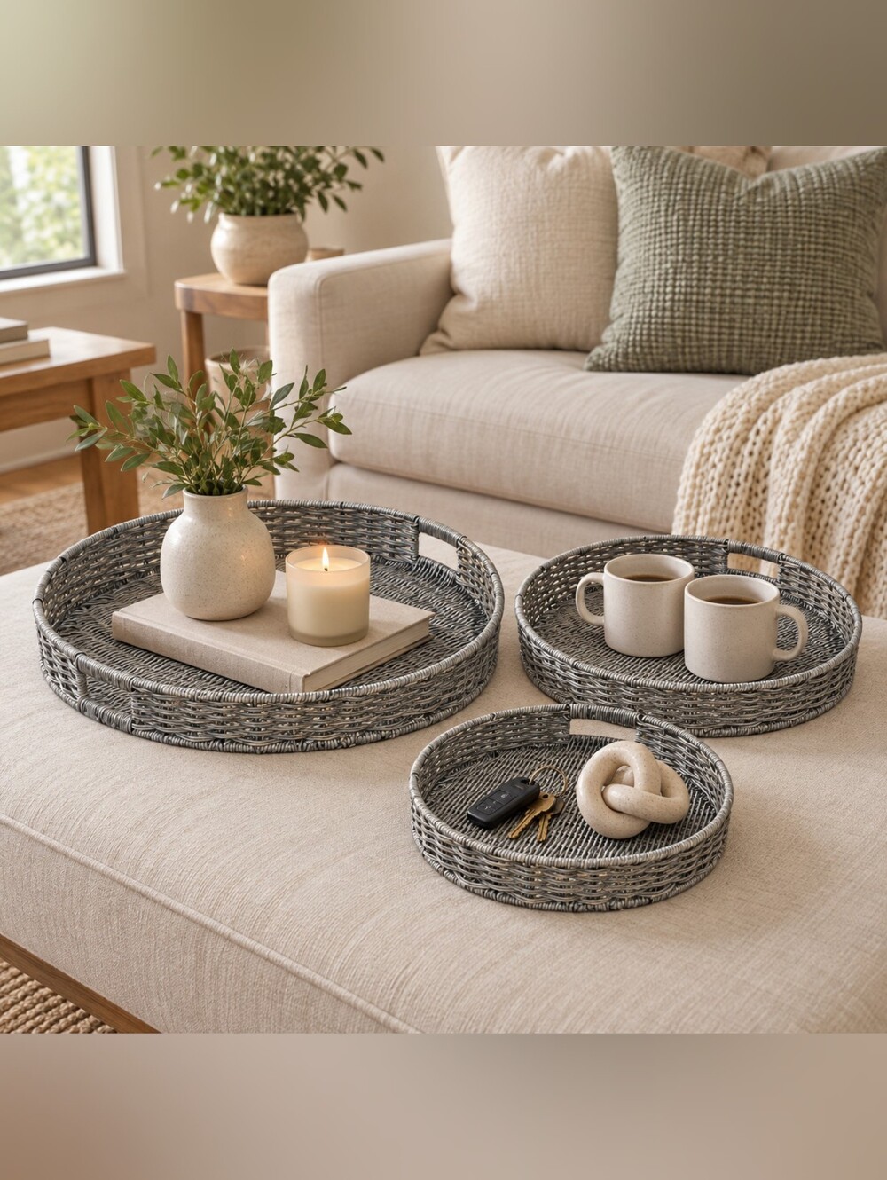 Set of 3 Gray Round Woven Serving Trays with Handles